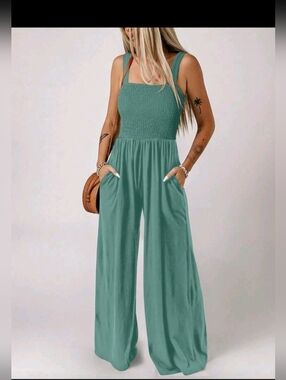 Smocked Wide-Leg Jumpsuit Size L